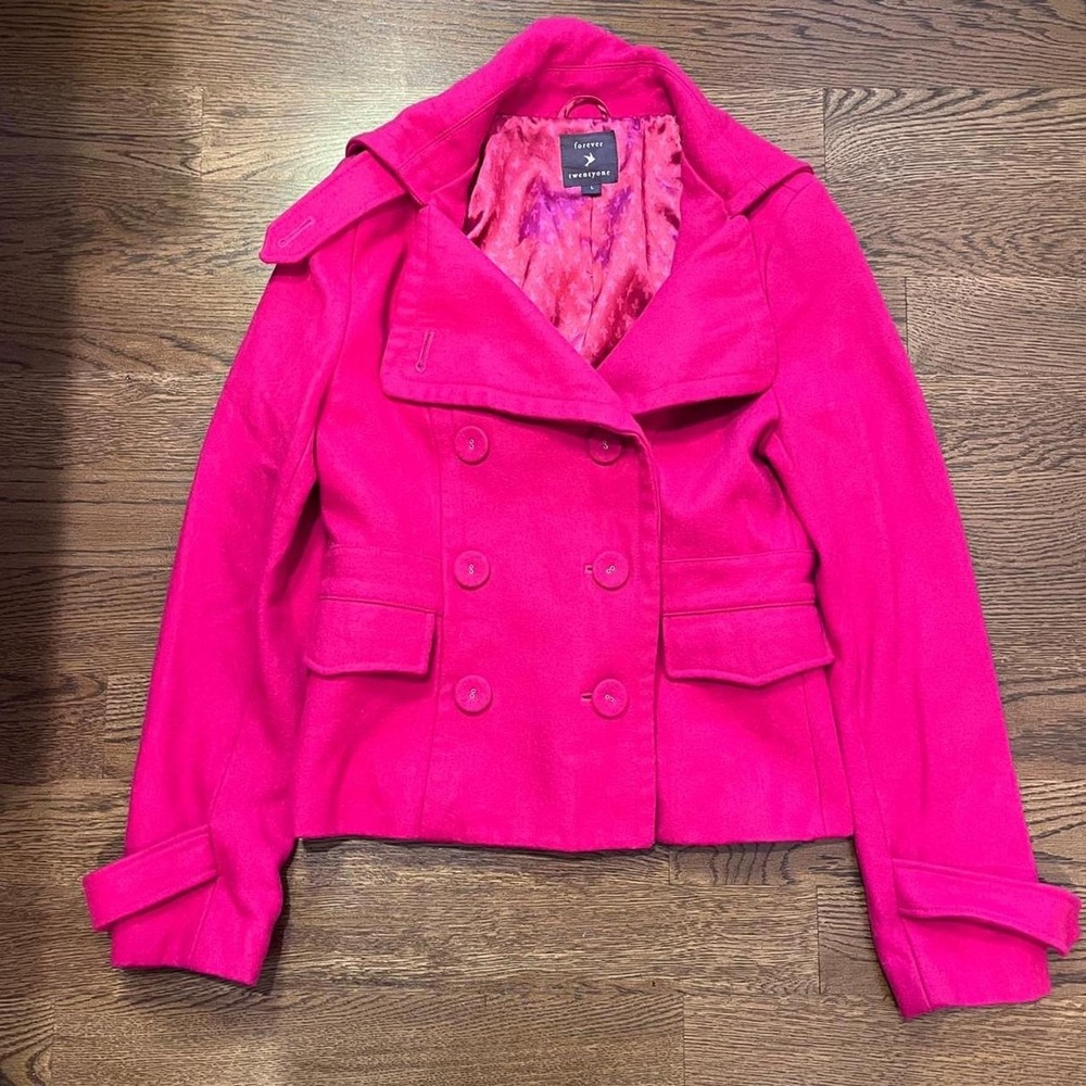 y2k vintage women's hot pink double breasted wool blend peacoat large